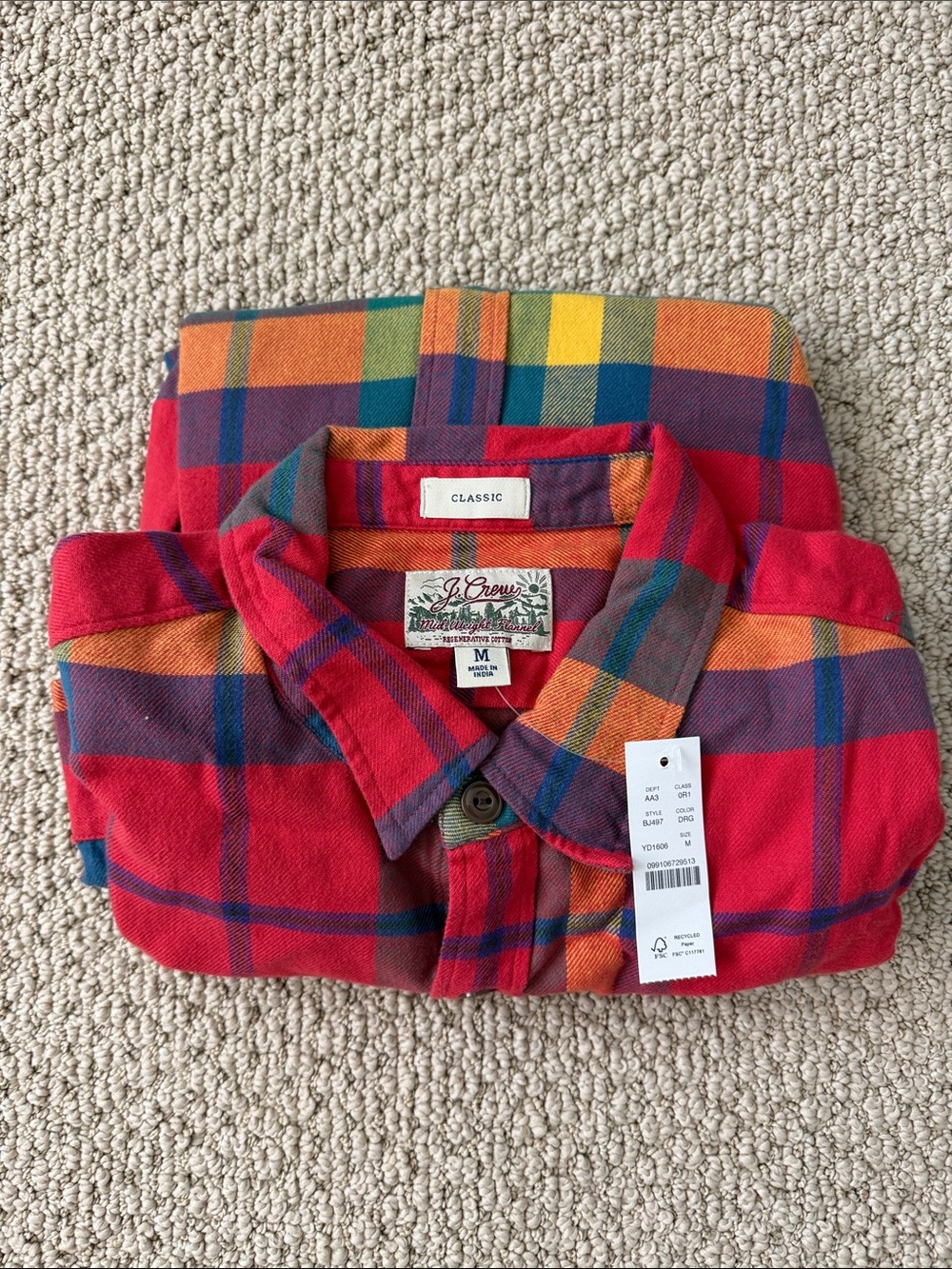 J. Crew Red Plaid Button-Down Shirt with Orange, Green and Blue Accents